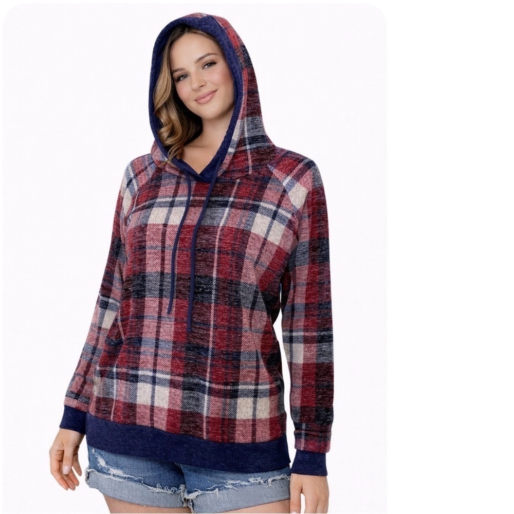 Plaid Long Sleeve Hooded Top Promesa Made in USA
